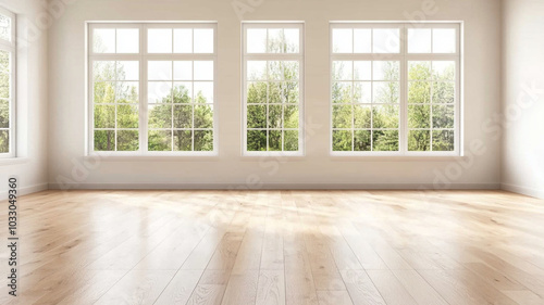Bright and airy empty room with large windows showcasing beautiful view of greenery outside. wooden floor adds warmth to space, perfect for various interior designs