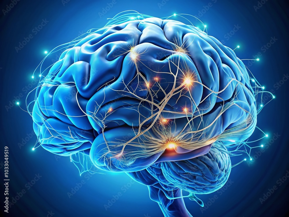 Blue Brain Illustration Isolated on Pastel Background for Neuroscience and Creativity Themes