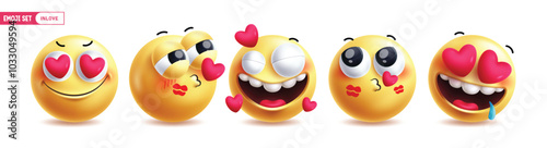 Emoji in love characters vector set. Emojis love emoticon characters with heart, flying kiss and kiss mark in romantic facial expression icon collection isolated in white background. Vector 