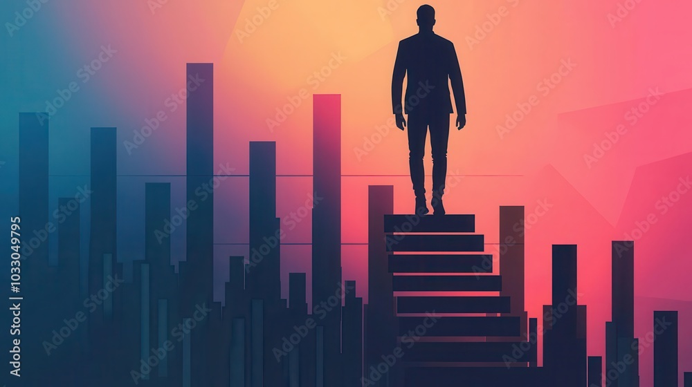Person climbing a ladder of stock market bars, representing longterm investments and stock growth, modern financial concept Person climbing a ladder of stock market bars, representing longterm investments and stock growth, modern financial concept