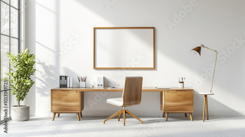 mid century inspired workspace featuring clean lines and natural light. wooden desk is complemented by stylish chair and modern lamp, creating serene and productive environment photo