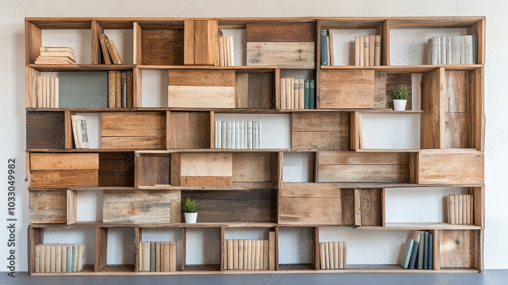 rustic reclaimed wood bookshelf featuring uneven textures and variety of compartments, perfect for displaying books and decorative items. natural wood tones create warm and inviting atmosphere