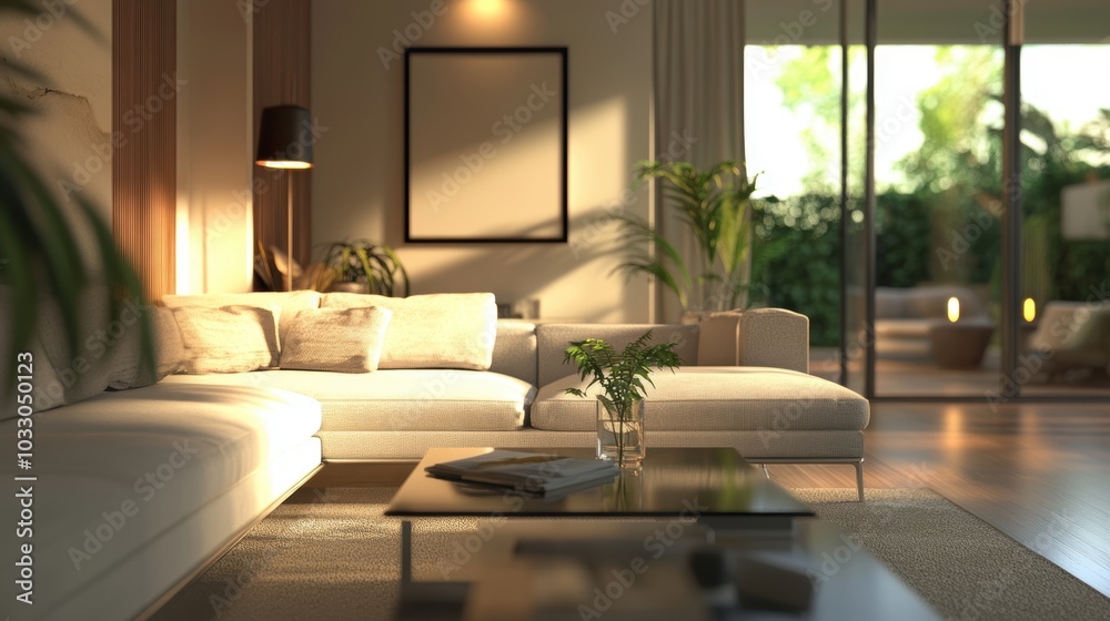 Fototapeta premium A living room with a couch, a coffee table and