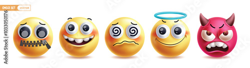 Emoji emoticon characters vector set. Emojis 3d emoticon character in quite, happy, dizzy, kind and angry facial expression icon collection in white background. Vector illustration yellow face 