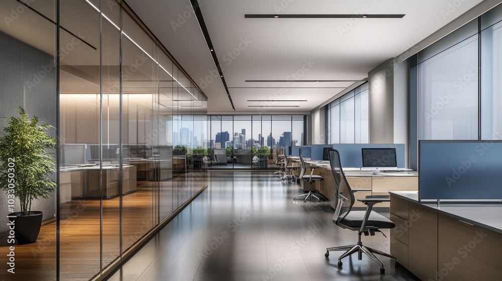 Modern office with city view and glass walls.