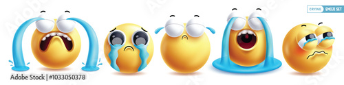 Emoji crying 3d emoticon characters vector set. Emojis emoticons in sad face, cry, eye tears, disappointed, pain and unhappy facial expression collection in white background. Vector illustration 