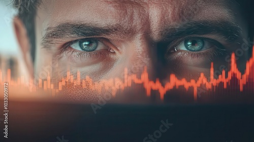 Stock trader sitting at a desk with multiple screens, abstract stock graphs reflected in their eyes, intense trading environment photo