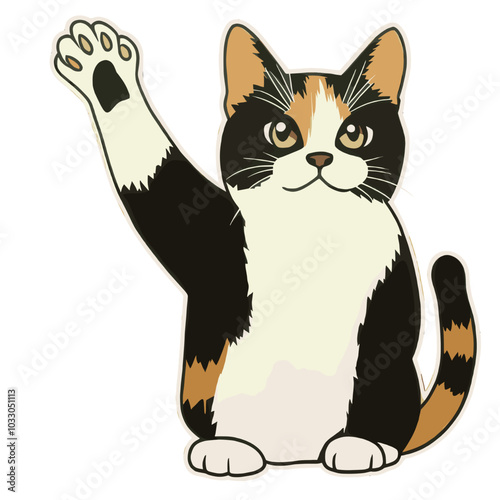 Vector Illustration of a Calico Cat Waving Paw - Adorable Feline Cartoon Design for Animal and Pet-Themed Graphics, Stock Art, and Illustrations