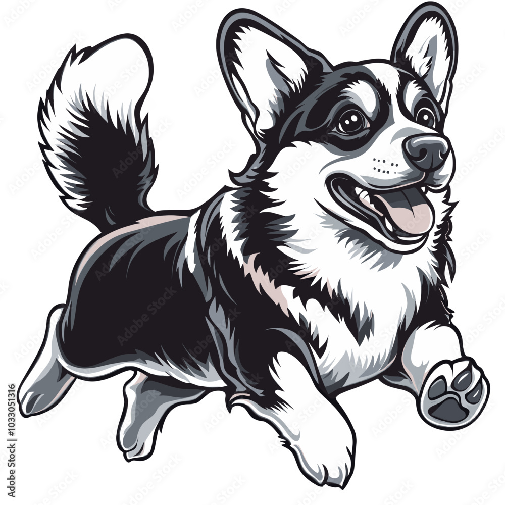 Playful Black and White Vector Illustration of a Running Corgi - Energetic Dog Cartoon for Pet and Animal-Themed Stock Graphics and Art Playful Black and White Vector Illustration of a Running Corgi - Energetic Dog Cartoon for Pet and Animal-Themed Stock Graphics and Art