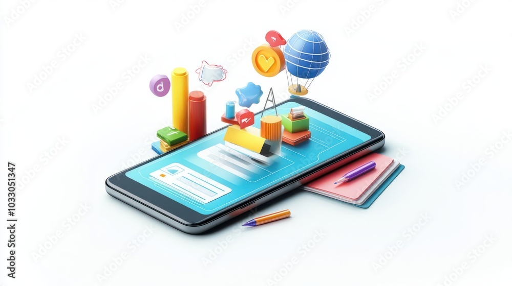 E-learning platform on a smartphone with educational content, representing learning anytime, anywhere, isolated on white background E-learning platform on a smartphone with educational content, representing learning anytime, anywhere, isolated on white background