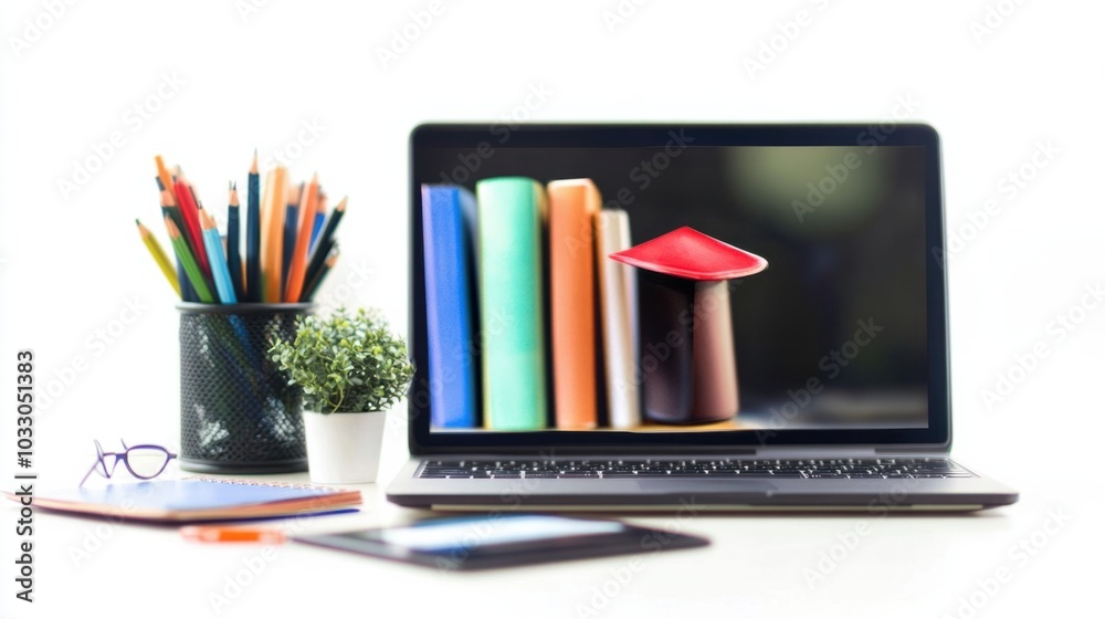 Educational video playing on a laptop, representing the rise of online tutorials and e-learning, isolated on white background Educational video playing on a laptop, representing the rise of online tutorials and e-learning, isolated on white background