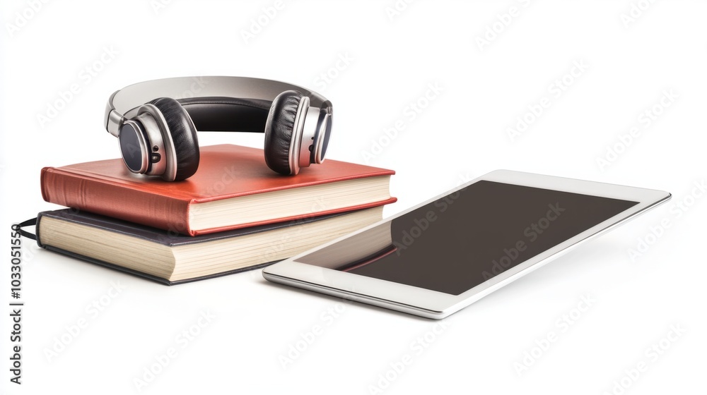 Headphones resting on a stack of books next to a tablet, representing blended learning, isolated on white background Headphones resting on a stack of books next to a tablet, representing blended learning, isolated on white background