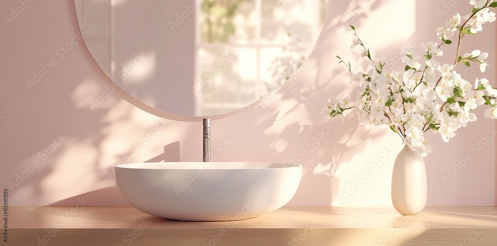 Minimalist bathroom interiors with soft pink tones and floral decor. AI generated image Minimalist bathroom interiors with soft pink tones and floral decor. AI generated image