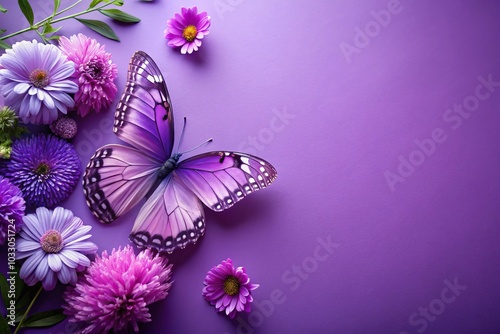 purple butterfly and flowers on violet background