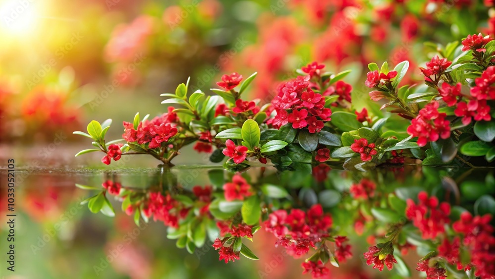 Reflected background of small red flower with green leaves Reflected background of small red flower with green leaves