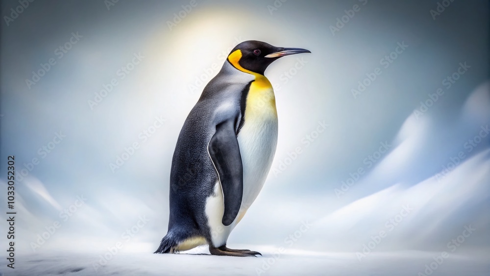 Fototapeta premium Captivating Long Exposure of an Isolated Emperor Penguin on White Background for Stunning Visuals