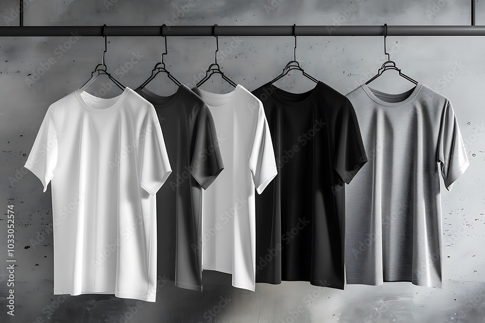 Black and white t-shirts hanging on a hanger.