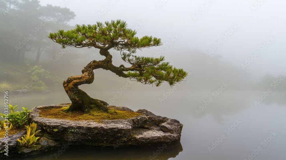 Fototapeta premium Tranquil Bonsai Tree in Misty Landscape