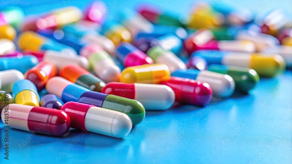 Colorful pills and capsules at a tilted angle on blue background in focus Colorful pills and capsules at a tilted angle on blue background in focus