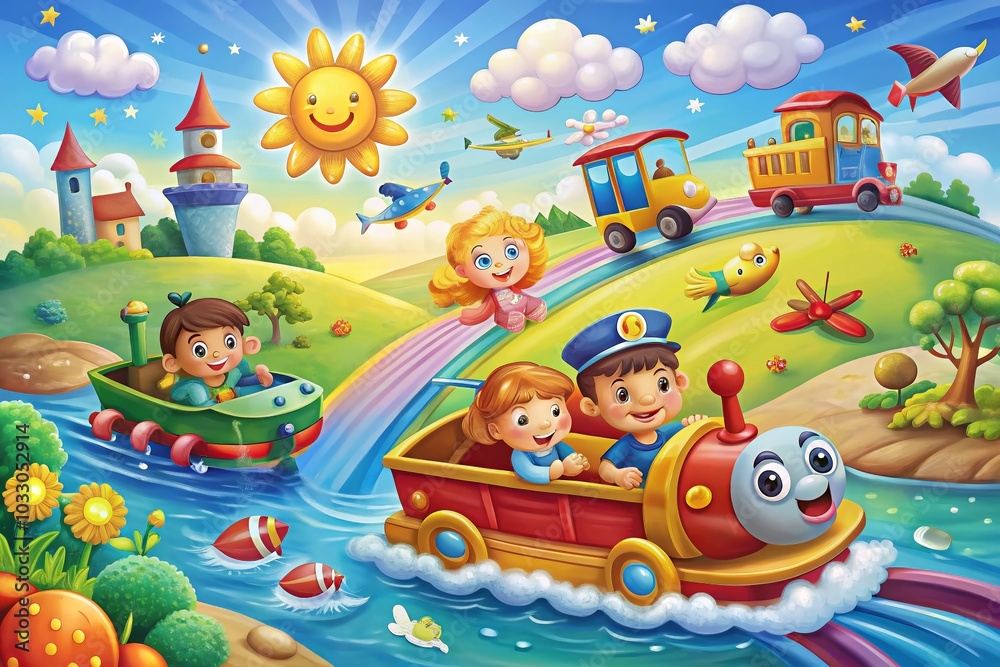 Fototapeta premium Cartoon Transportation Adventure with Little Characters on Train, Boat, Plane, and Car