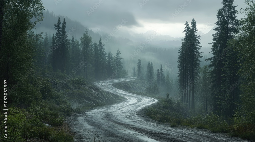 Misty Forest Road in Serene Nature Landscape Misty Forest Road in Serene Nature Landscape