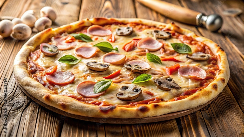 Delicious Depth of Field pizza with mozzarella cheese, ham, and mushroom on a rustic wooden table Delicious Depth of Field pizza with mozzarella cheese, ham, and mushroom on a rustic wooden table