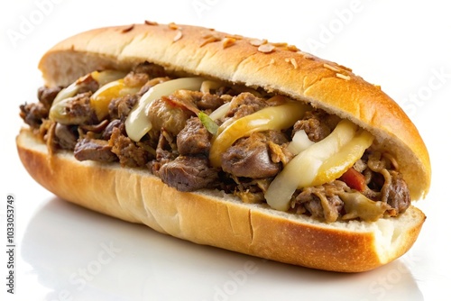 Delicious Philly cheesesteak sandwich with melted cheese and saut?ed onions on white background