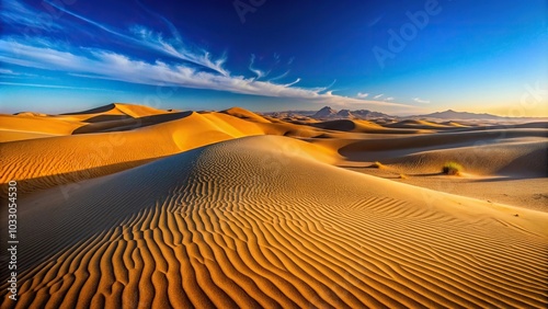 Desert landscape with rolling sand dunes and clear blue sky