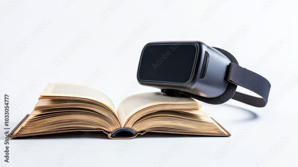 VR headset next to an open book, symbolizing the blend of traditional and digital learning, isolated on white background VR headset next to an open book, symbolizing the blend of traditional and digital learning, isolated on white background