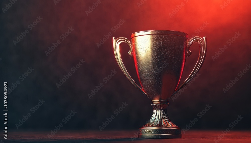 Golden trophy on a dark background with red lighting, symbolizing achievement.