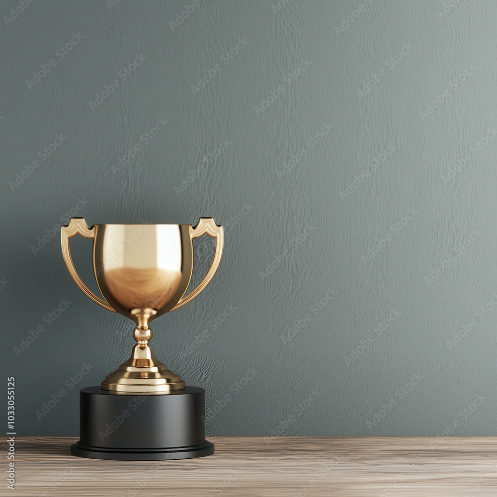 Golden trophy on wooden table against a green wall, symbolizing achievement. Golden trophy on wooden table against a green wall, symbolizing achievement.