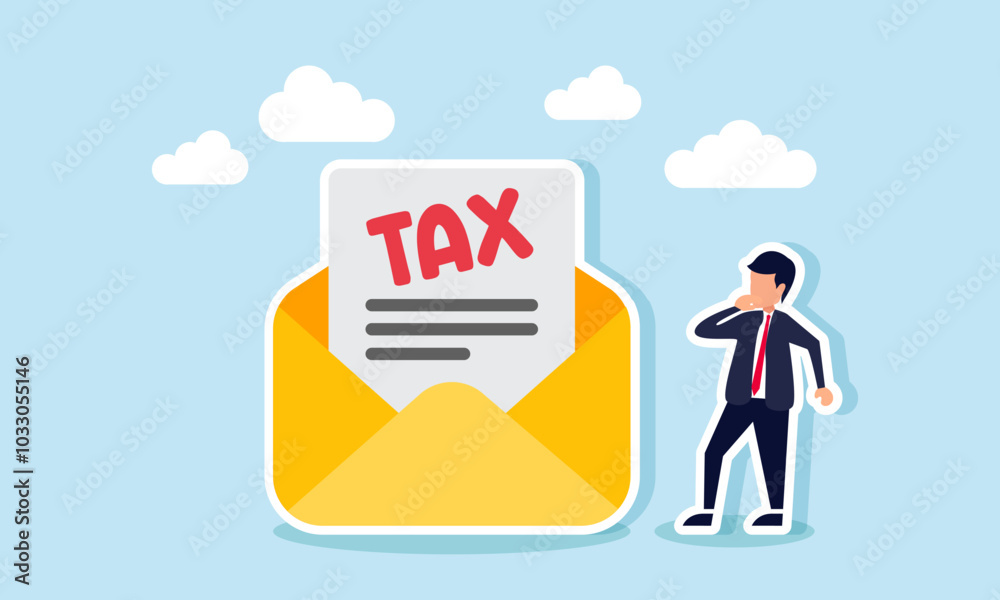 A businessman receives an email labeled TAX, illustrating a notification about the company's tax bill A businessman receives an email labeled TAX, illustrating a notification about the company's tax bill