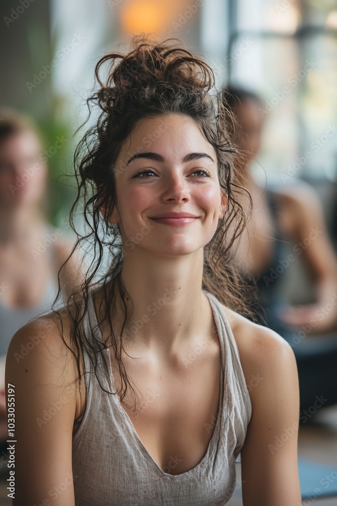 A woman smiles with a relaxed look on her face as she sits on a yoga mat in a class with other people. A woman smiles with a relaxed look on her face as she sits on a yoga mat in a class with other people.