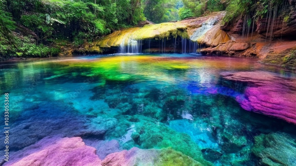Fototapeta premium The rainbow river or five colors river is in Colombia one of the most beautiful nature places, is called Crystal Canyon or Cano Cristales.