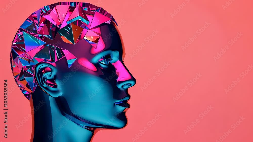An artistic representation of a stylized human head with colorful facets and a futuristic design An artistic representation of a stylized human head with colorful facets and a futuristic design