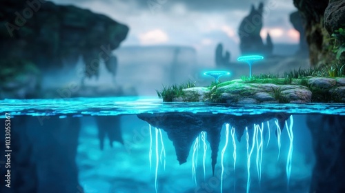 Ethereal Underwater Island Landscape with Glowing Mushrooms and Misty Waterfalls