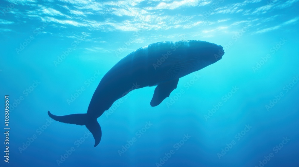 Fototapeta premium Majestic Whale Silhouette Gliding Through Tranquil Blue Waters