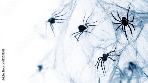 Fake Halloween spider webs with small plastic spiders, spooky decor, isolated on white background