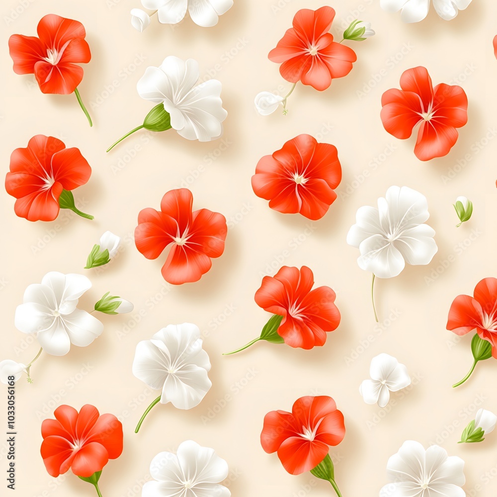 A vibrant pattern of red and white flowers scattered against a soft background, creating a cheerful and fresh aesthetic.