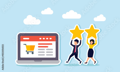 A businessman and businesswoman run carrying a star towards a laptop displaying a marketplace website, illustrating giving ratings for marketplace performance