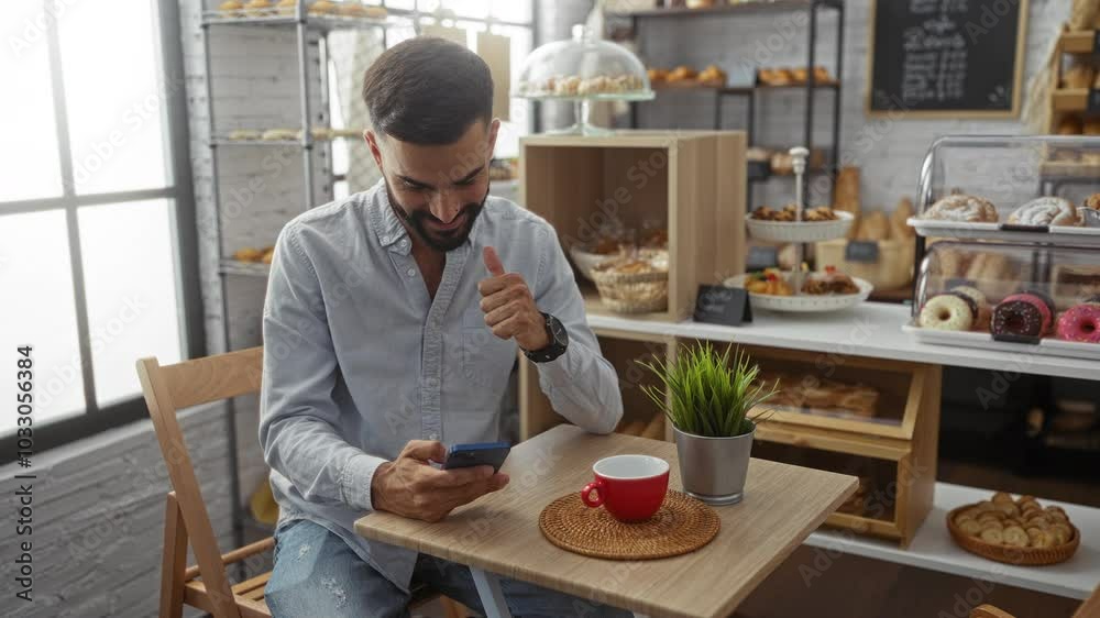 Young man with beard sitting at a table in a bakery checking his phone with pastries and coffee around Young man with beard sitting at a table in a bakery checking his phone with pastries and coffee around