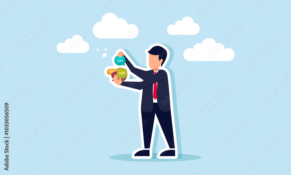 A businessman selects dialogue from various options, illustrating the process of choosing and filtering suggestions for evaluation and acceptance A businessman selects dialogue from various options, illustrating the process of choosing and filtering suggestions for evaluation and acceptance