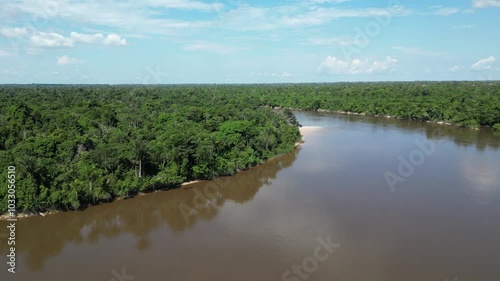 Aerial view of the Amazon rivers of the Peruvian jungle, a drone view of the Amazon rainforest surrounded by water photo