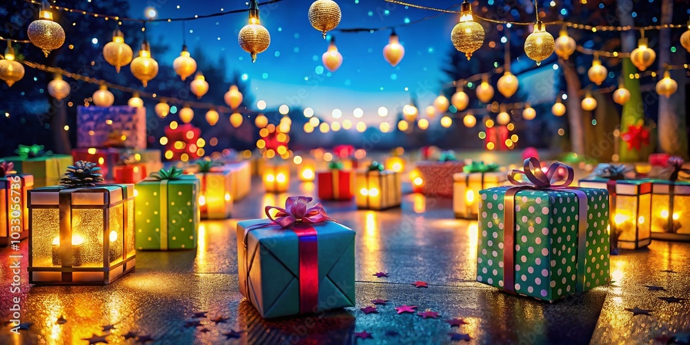Colorful Gift Boxes Under Twinkling Night Sky - Perfect for Holiday and Celebration Themes Colorful Gift Boxes Under Twinkling Night Sky - Perfect for Holiday and Celebration Themes