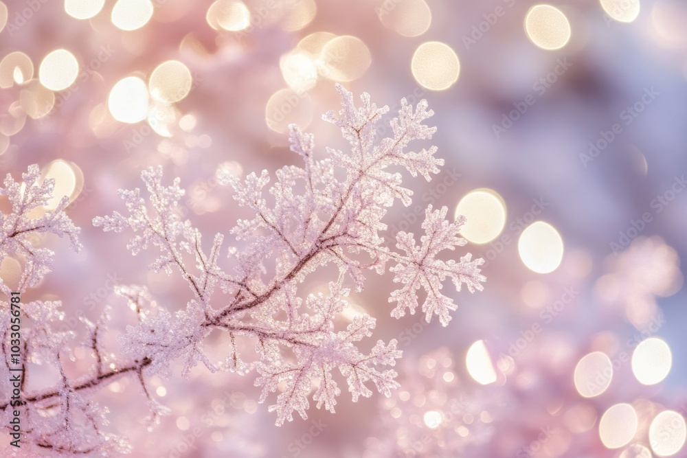 Delicate pink snowflakes adorned with bokeh lights create a soft, dreamy atmosphere in a winter wonderland setting Delicate pink snowflakes adorned with bokeh lights create a soft, dreamy atmosphere in a winter wonderland setting