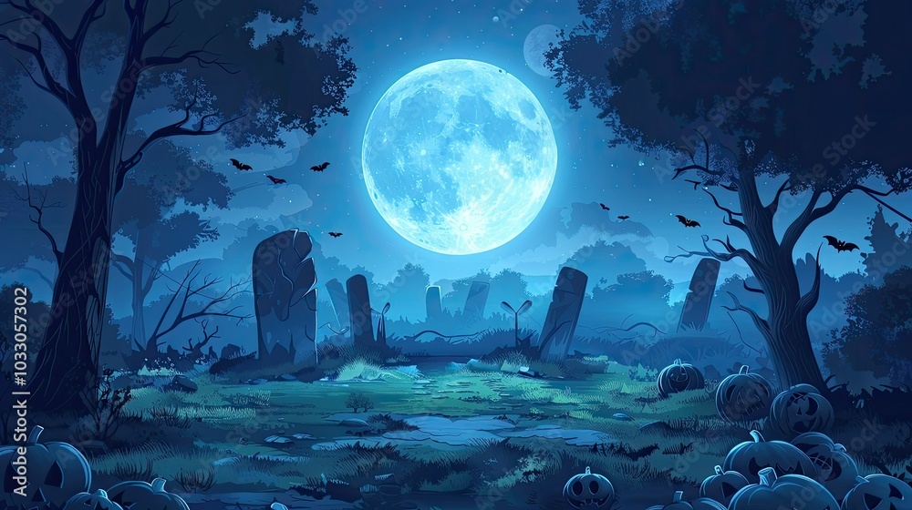 Obraz premium moonlight landscape in horror Halloween woods --no text and people, human --chaos 10 --ar 16:9 Job ID: ca1a3a90-11dc-43a0-a990-a940047b84aa