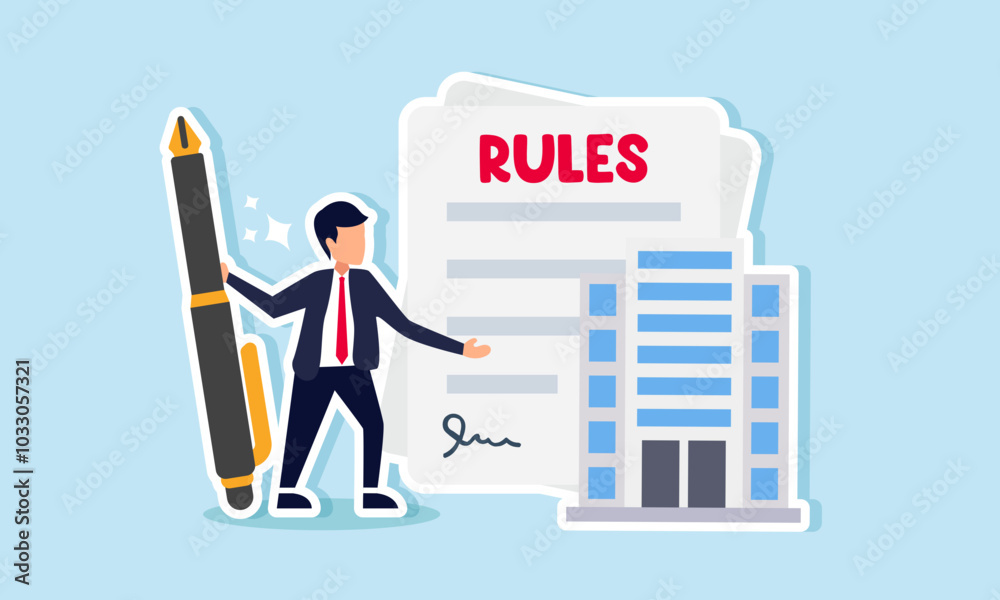 A businessman holds a pen and shows a signed rule sheet beside an office, illustrating an agreement on the terms and conditions of a business with large market capitalization A businessman holds a pen and shows a signed rule sheet beside an office, illustrating an agreement on the terms and conditions of a business with large market capitalization