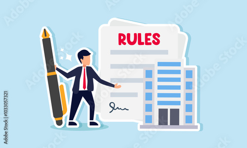A businessman holds a pen and shows a signed rule sheet beside an office, illustrating an agreement on the terms and conditions of a business with large market capitalization