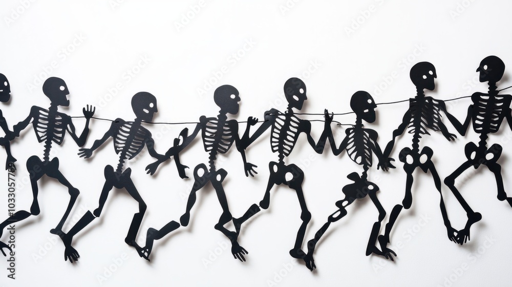 Obraz premium Halloween skeleton garland made from black paper cutouts, festive and spooky, isolated on white background