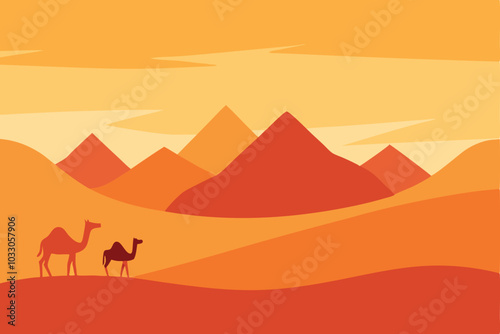 Panoramic view of the desert and camels. vector Illustrated in flat style